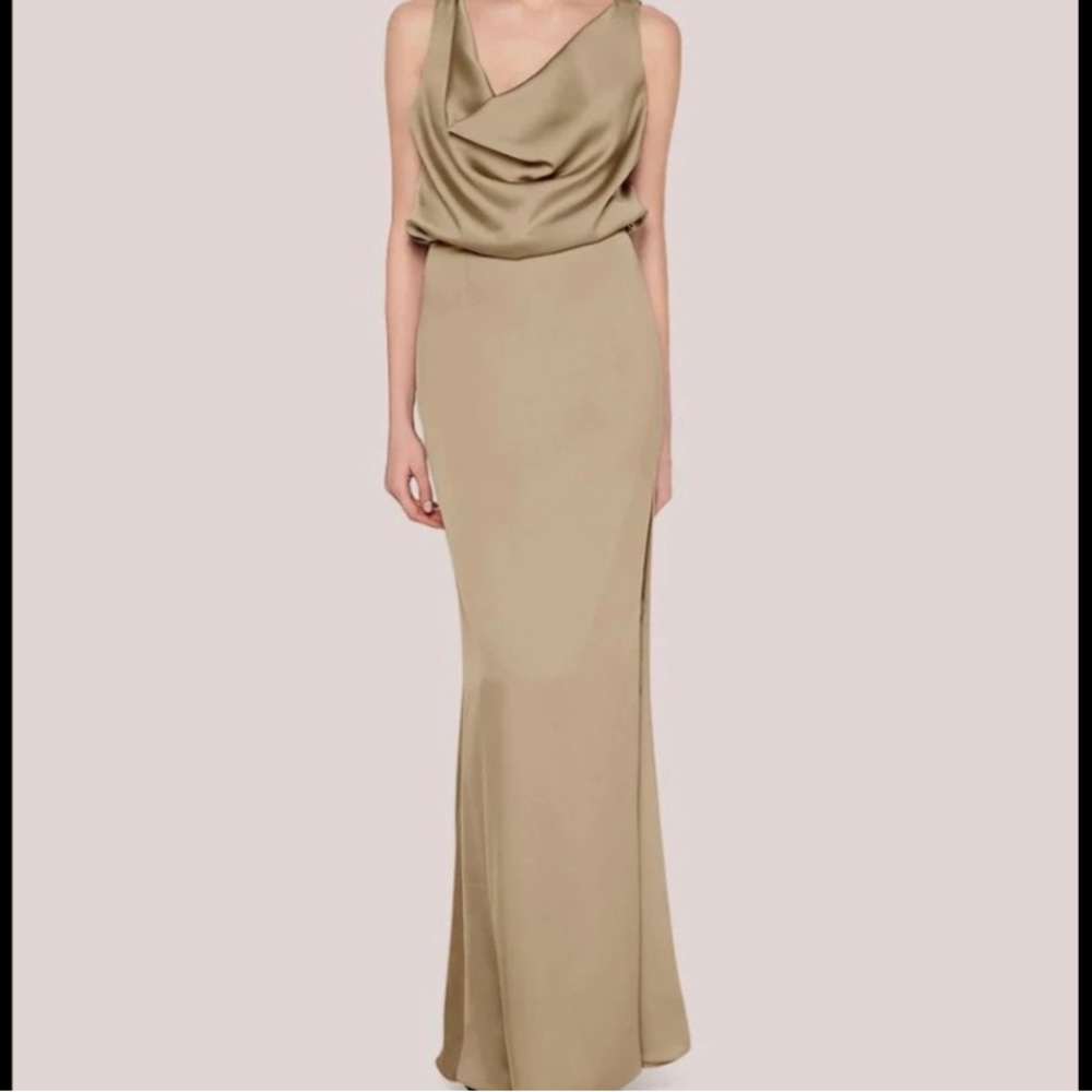 Fame & Partners Dark Tan Matte Satin The Libra Draped Bloused Tied Dress NWT 6